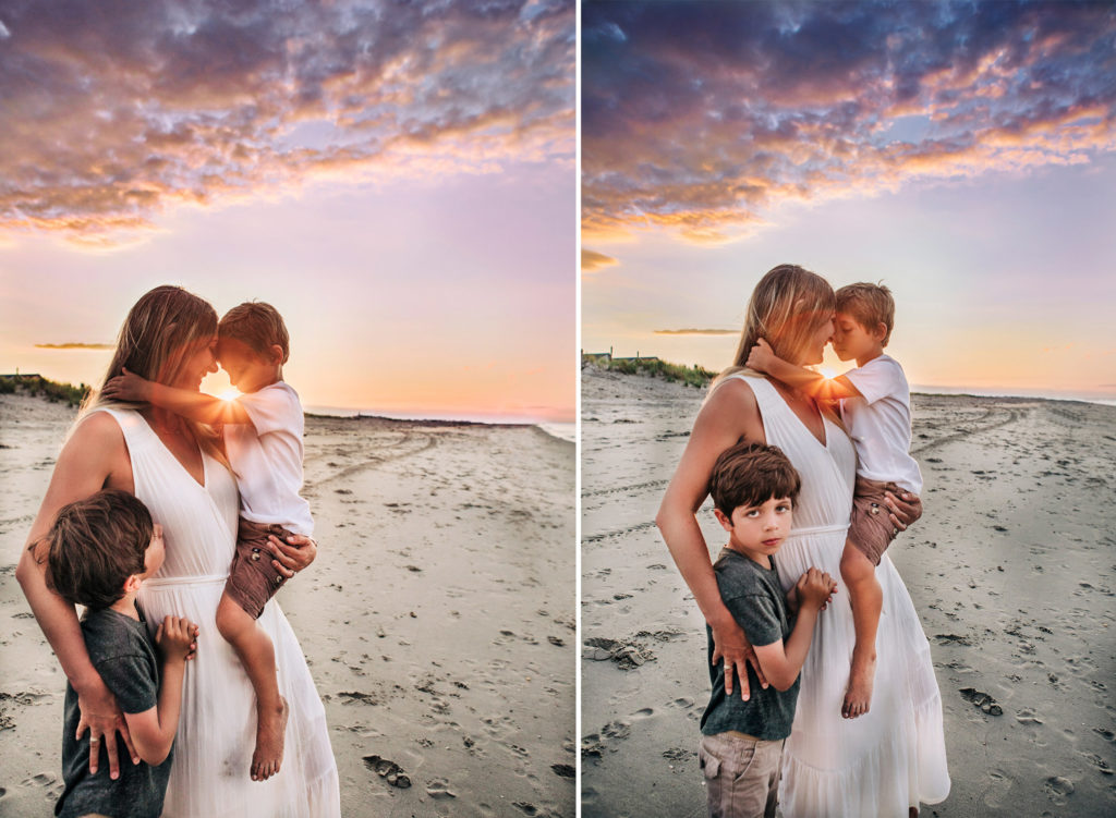 a mother embracing her sons on the beach with the sun setting behind them