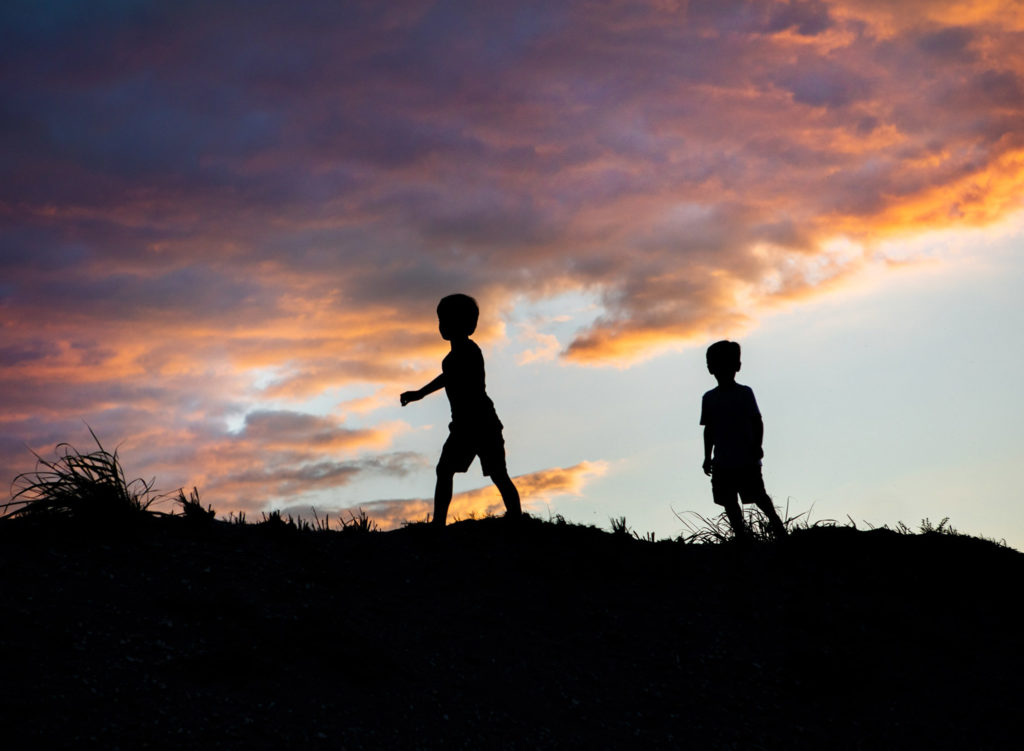 a silhouette of two brothers against sunset sky