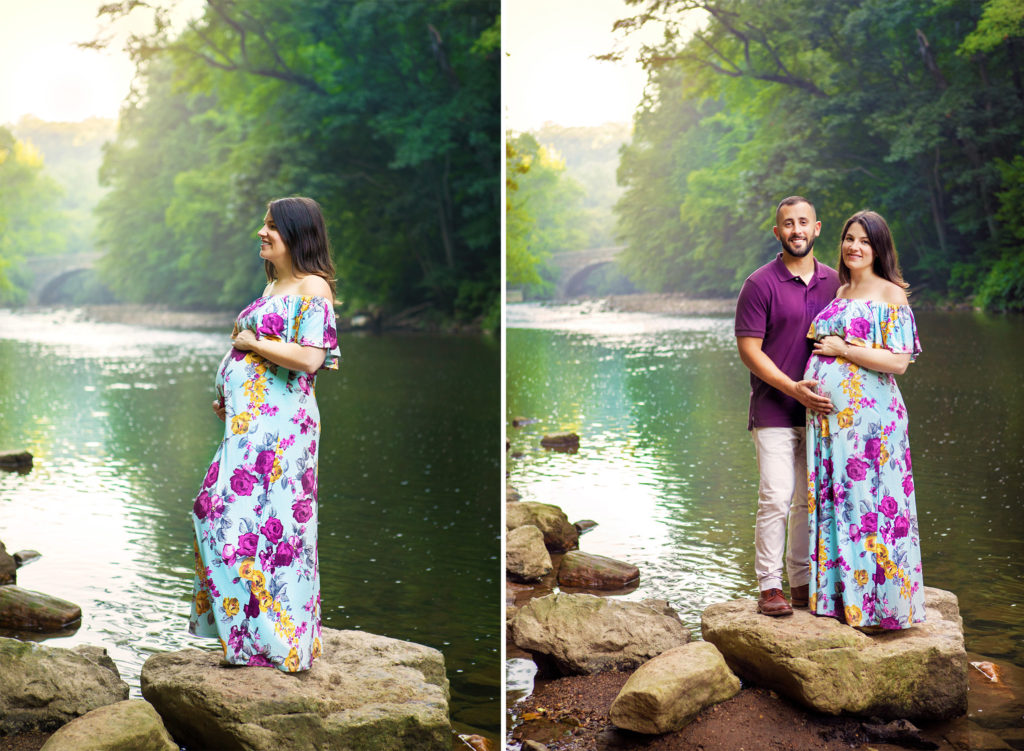 Maternity photo session with couple  near the Wissahickon creek in Philadelphia
