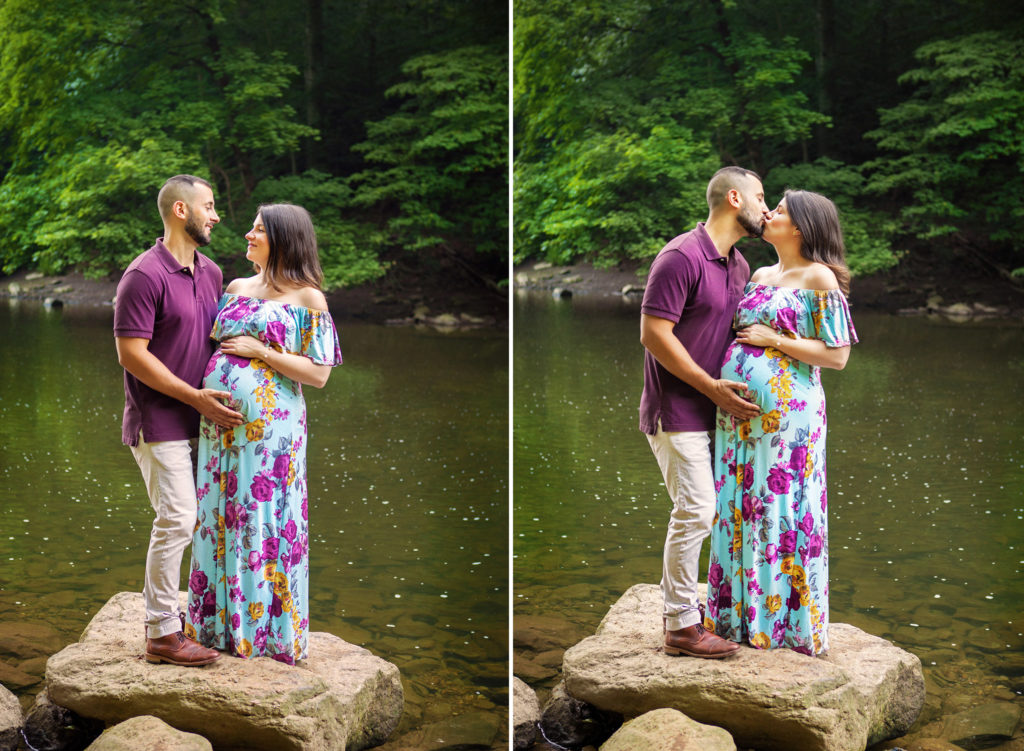 Maternity photo session with couple kissing near the Wissahickon creek in Philadelphia