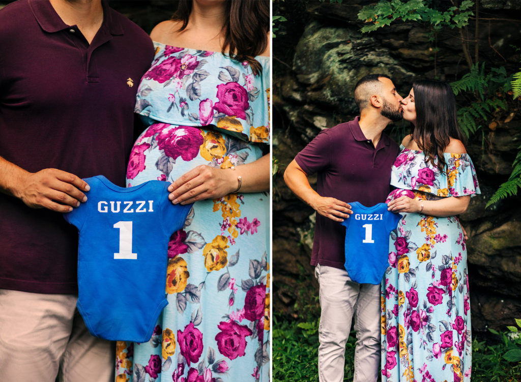 Maternity photo session with couple holding Philadelphia Sixers onesie