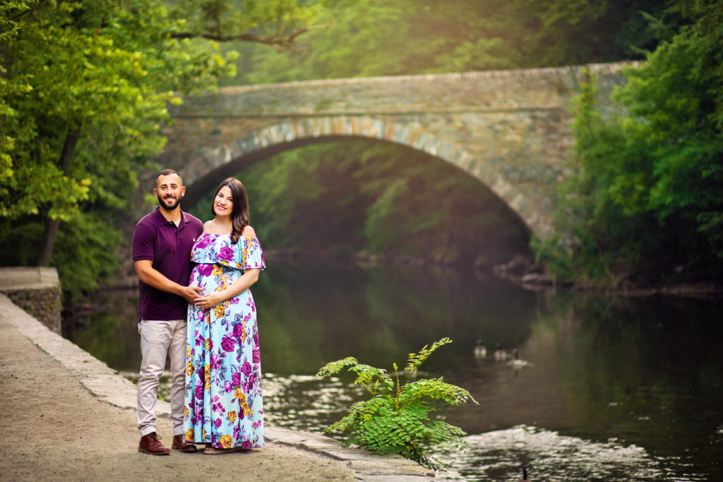 Maternity session with couple near the Wissahickon creek in Philadelphia