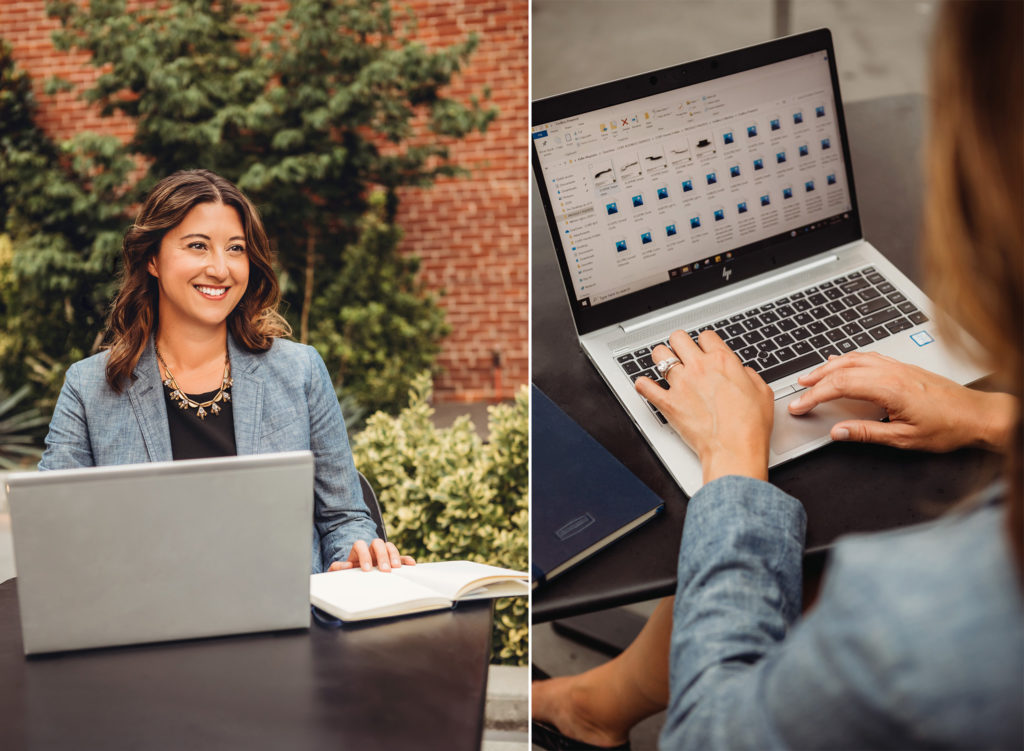 Professional branding photos with a woman sitting at a table with a laptop