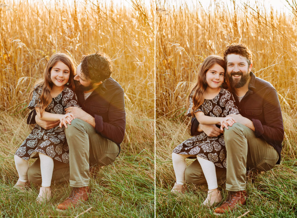 A father and his daughter sitting in a field at sunset during their family mini session.