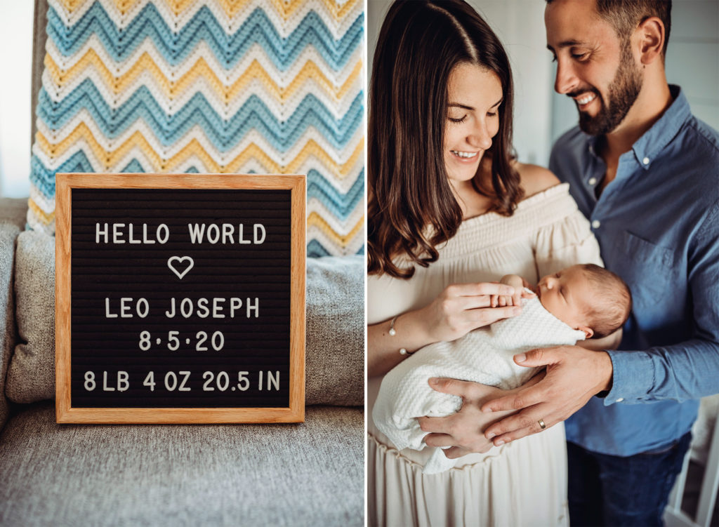 On the left, a letterboard with the words "Hello World, Leo Joseph, 8.5.20, 8lbs 4 oz, 20.5 inches" On the right, a mom and and dad holding a newborn swaddled son.