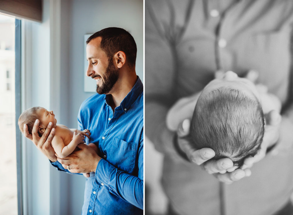 On the left, a father in a blue shirt holding his newborn son while smiling. Not the right, a close up black and white image of a newborn baby's head.