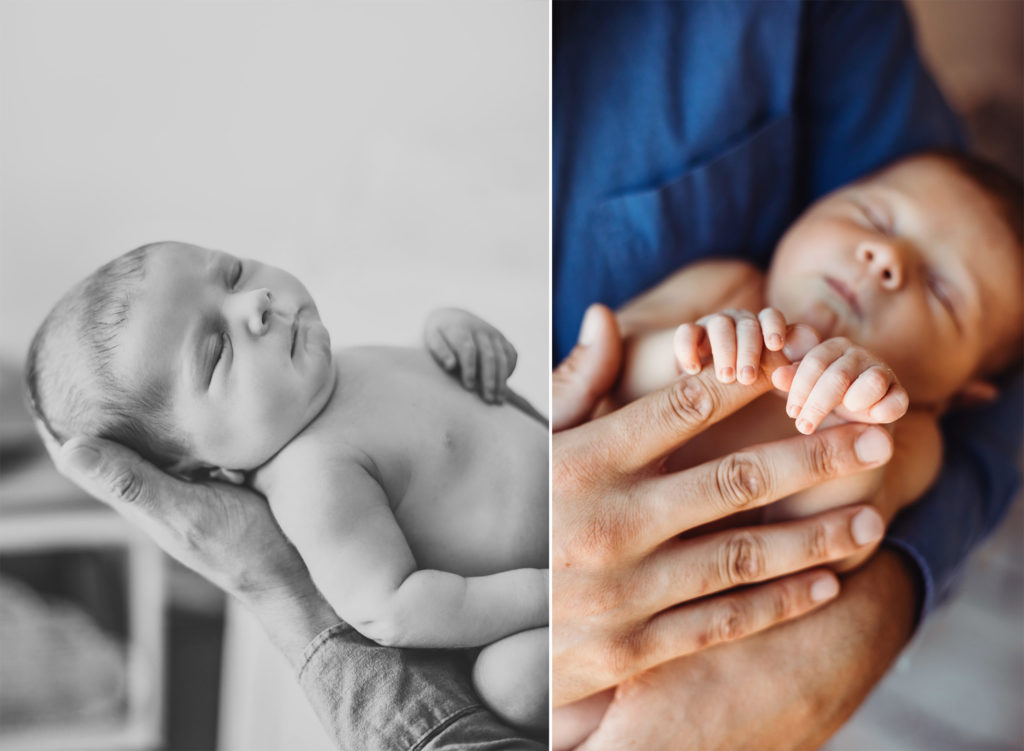 On the left, a black and white image of a fathers hands holding a sleeping newborn baby boy. On the right, a color, close up image of a newborn fingers wrapped around his father's fingers.