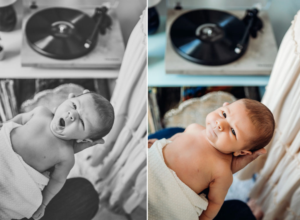 On the left, a black and white image of a baby yawning at the camera. On the right, a baby stares at the camera while it's father holds it. Behind the baby is a record player.