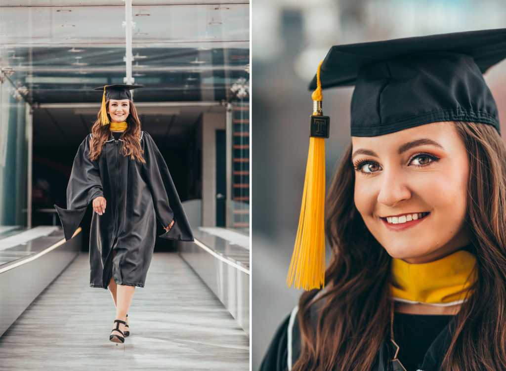 Graduation photos of a woman in black regalia walking and a close up of her face smiling in a black graduation hat with tassel.
