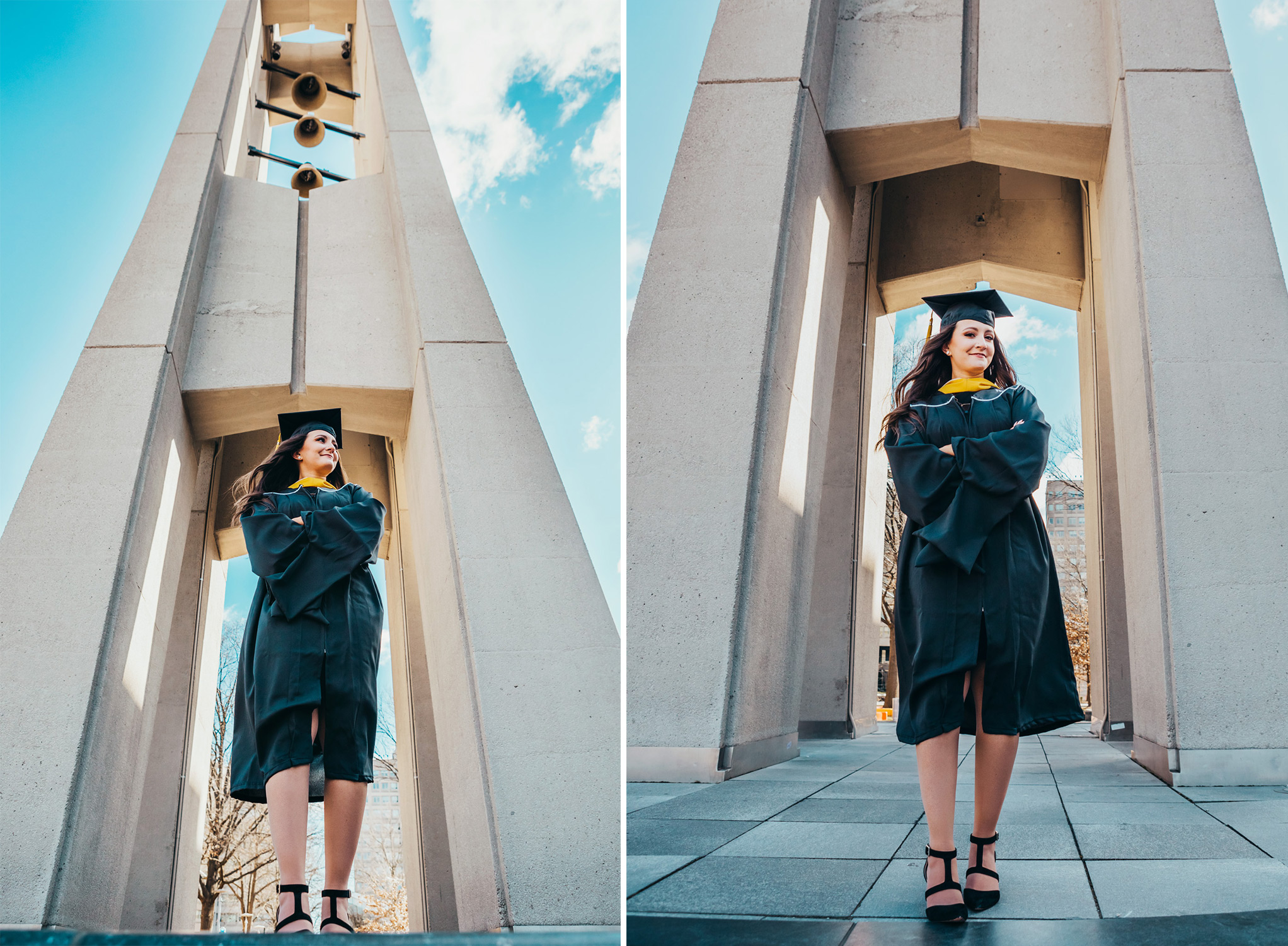 A young woman in graduation regalia stands in front of the bell tower on Temple University's campus.