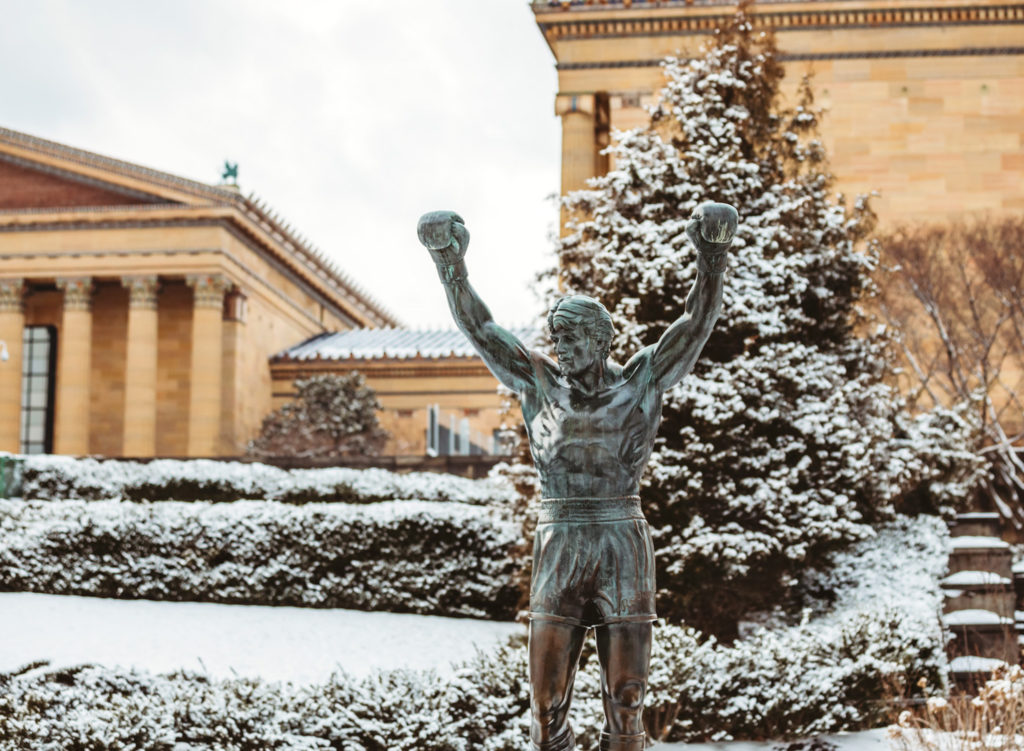 The Rocky statue covered in snow outside of the Philadelphia Museum of Art