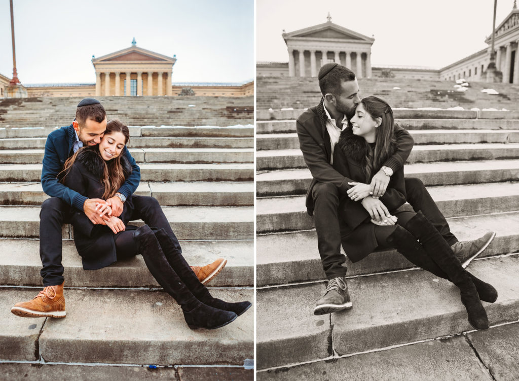 Two images of a man sitting on the steps of the Philadelphia Museum of Art with his new fiancé in his lap. The photo on the left is in color and they are smiling down and her new ring. The photo on the right is in black and white and he is gently kissing her forehead.