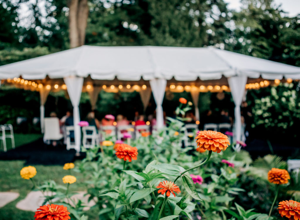 Colorful flowers in front of a white tent lined with string lights at a backyard wedding